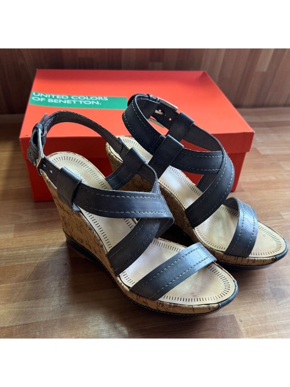 Benetton women's blue wedge leather sandals, cork sole. Size 38